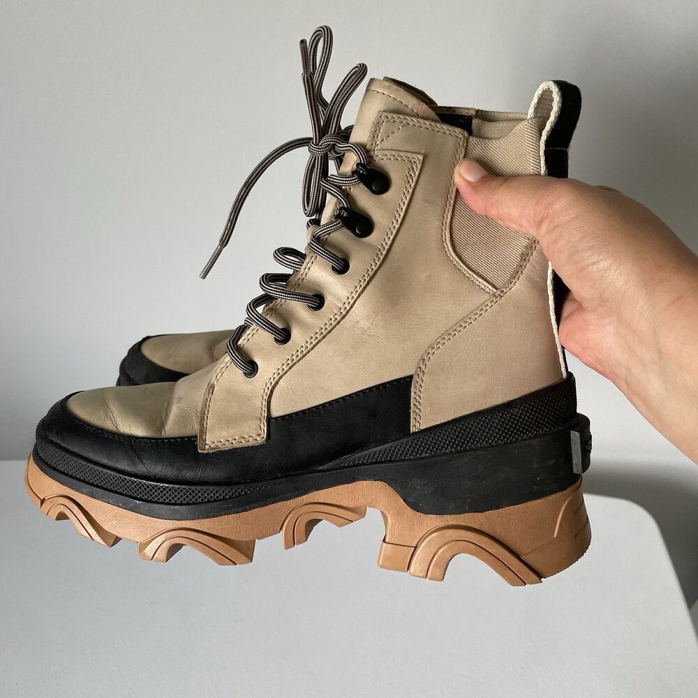 SOREL Brex Waterproof Lace Winter Fall Boot Sandy Tan Black Chunky Sole Size 7 - Picture 6 of 11